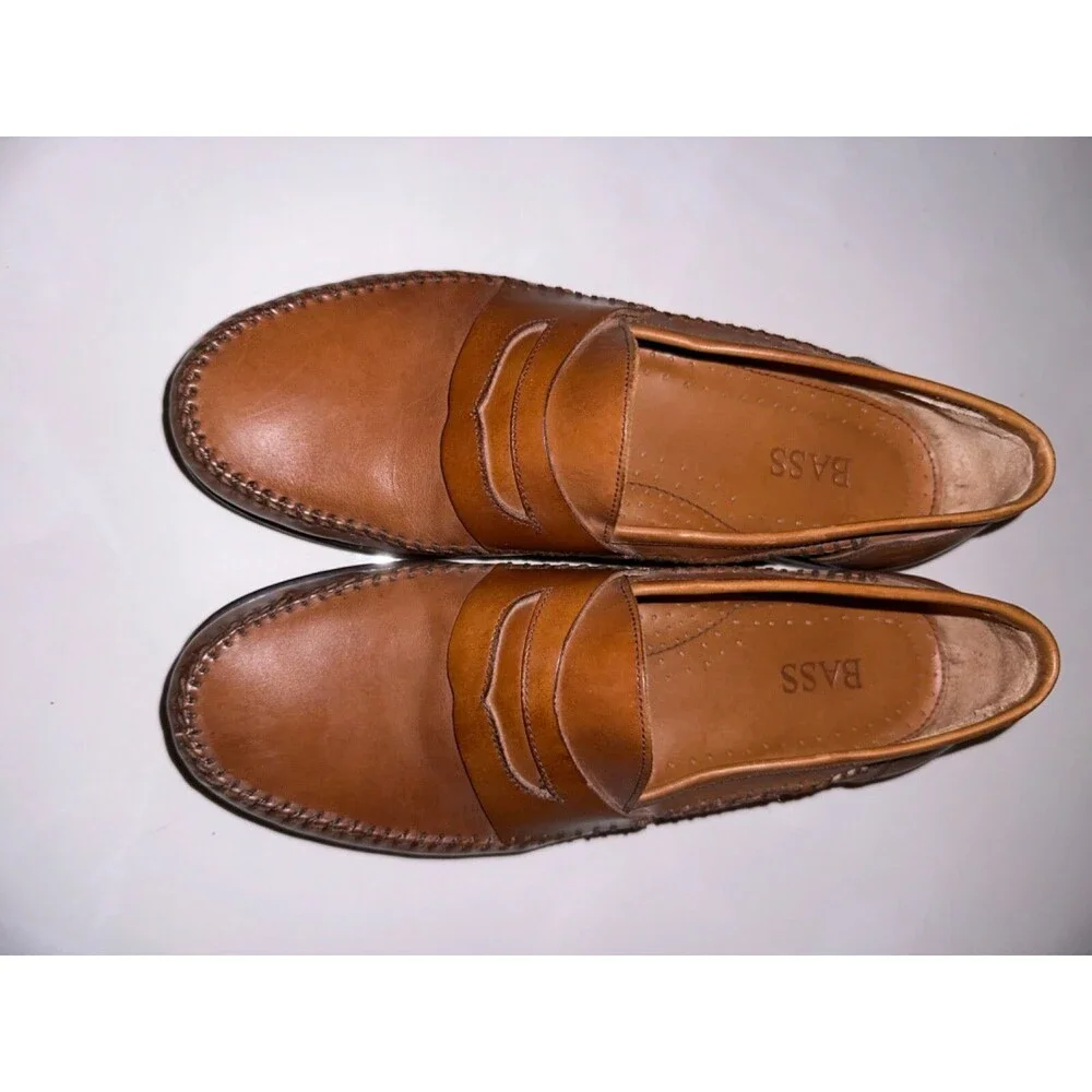 Bass Mens Reiss Size 8.5M Brown British Tan Leather Moc Penny Loafer Shoes Dress